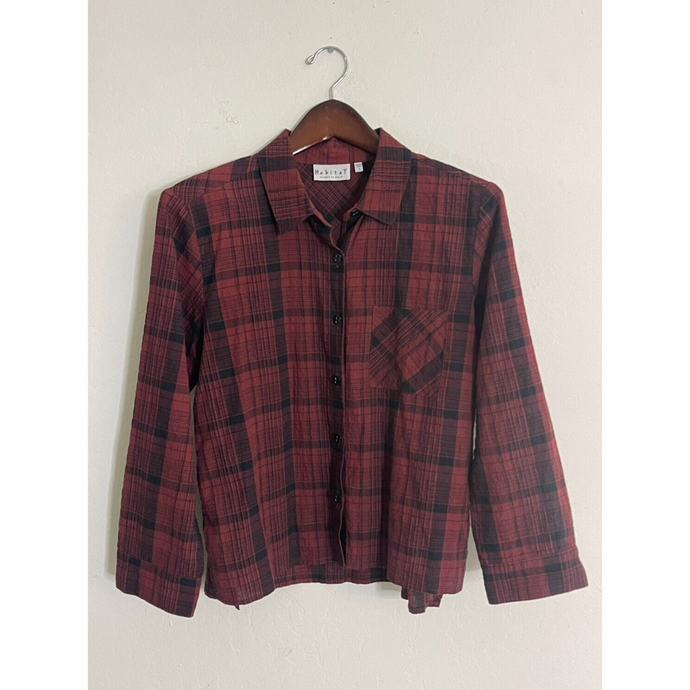 Habitat S Shirt Maroon & Black Plaid Button Down Casual Top Blouse Relaxed Fit